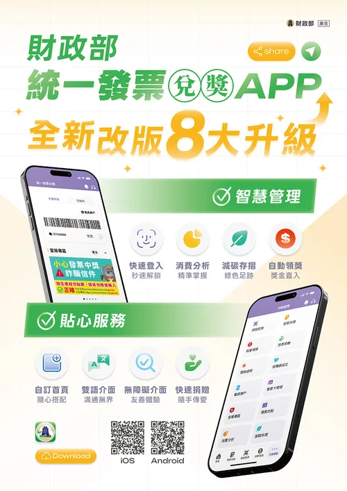 財政部統一發票兌獎 APP 全新改版，八大升級。智慧管理：快速登入、消費分析、減碳存摺、自動領獎。貼心服務：自訂首頁、雙語介面、無障礙介面、快速捐贈。可於 iOS 與 Android 應用程式商店下載。